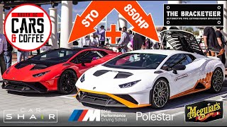 Lambo heaven - STO, Supercharged STO, Color Shift Aventador SV Roadster at South OC Cars and Coffee.