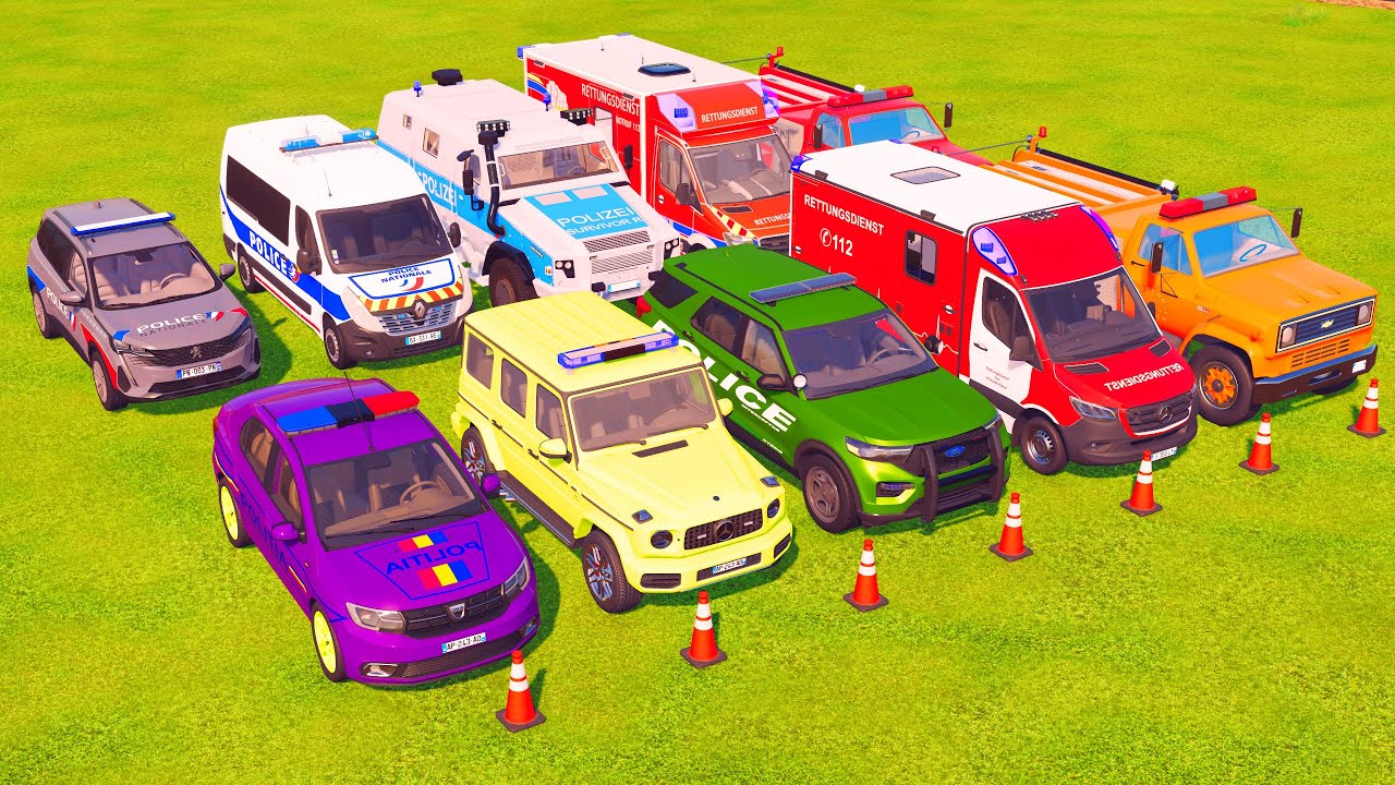 TRANSPORTING POLICE CARS, AMBULANCE, FIRE TRUCK, COLORFUL CARS WITH TRUCK - FS22 