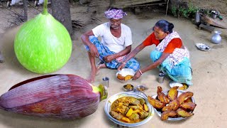 banana flower kofta curry and bottlegourd fry recipe cook&eat by santali old tribe couple