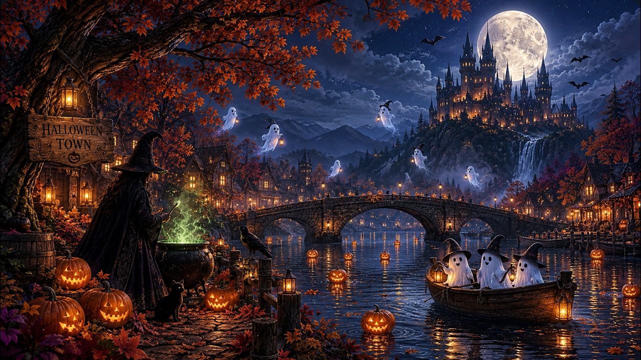 Relaxing Halloween Ambience 🎃 Cozy Haunted Village in Autumn Night 👻 Spooky Sounds & Halloween Music