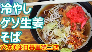 【六文そば日暮里第二店】疲れた身体にタウリン補給で山手線一周！ゲソが大きいし冷やしが旨いなあ！冷やしゲソ生姜そば 六文そば日暮里第二店 【蕎麦】#soba