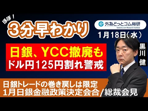 ドル/円３分早わかり「ドル円125円割れ警戒、ＹＣＣ撤廃も-日銀金融政策会合/総裁会見」2023年１月18日発表