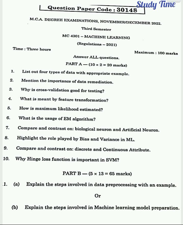 MC4301 Machine Learning question paper important question # ...
