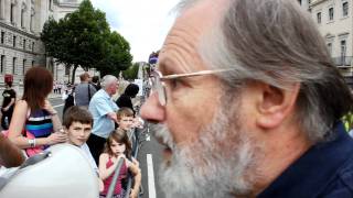 London Protests June 30, 2011 man questions are answered by a protestor