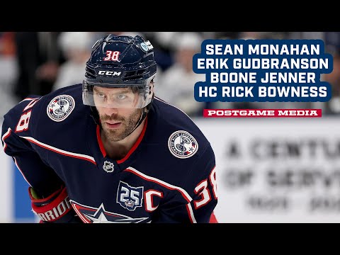 Sean Monahan, Erik Gudbranson, Boone Jenner and Head Coach Rick Bowness | Postgame Media
