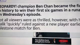 Jeopardy history made last night: Ben Chan became FIRST contestant to win first 6 games in RUNAWAY😳🏆
