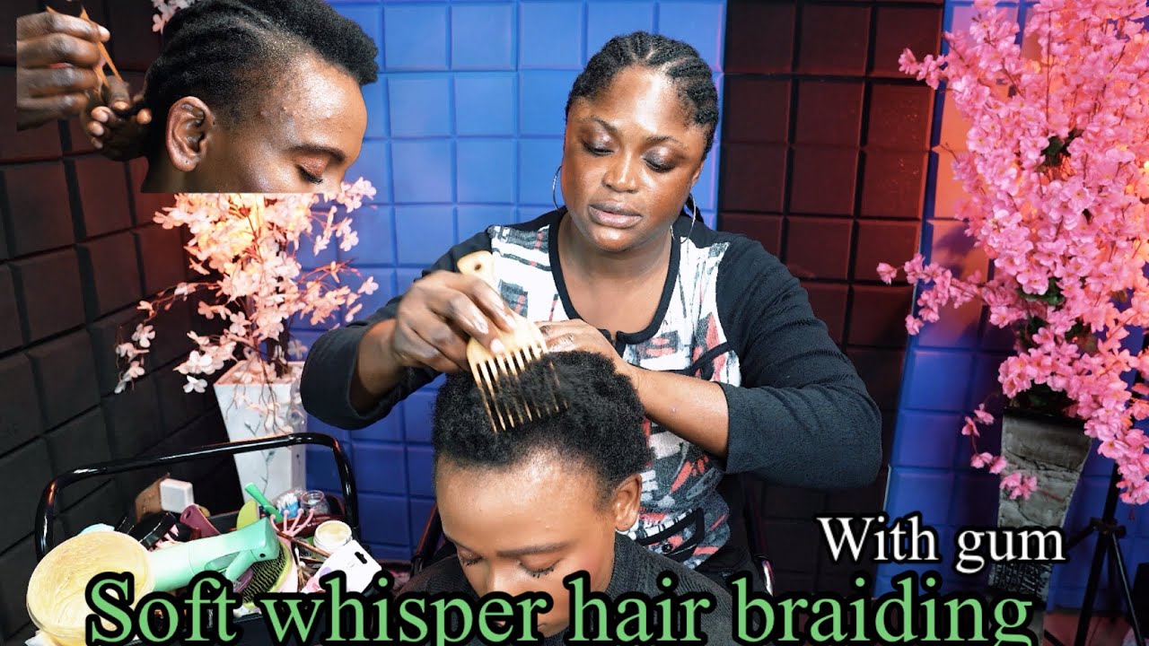 ASMR braiding Afro hair practical with gum cracking and soft whisper for sleep