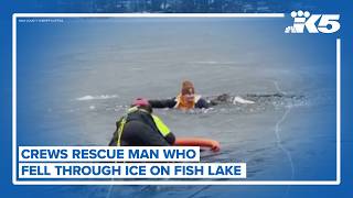 Crews rescue man who fell through ice on Fish Lake