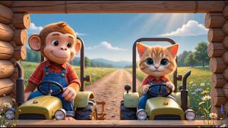 Smart Baby Monkey Operates Tractor to Help Kitten Harvest Farm