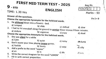 9th English First mid term test Original Question Paper 2025 |9th English 1st mid term Exam 2025 |