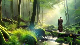 Buddhist monk finds solace amidst the tranquil beauty of nature.