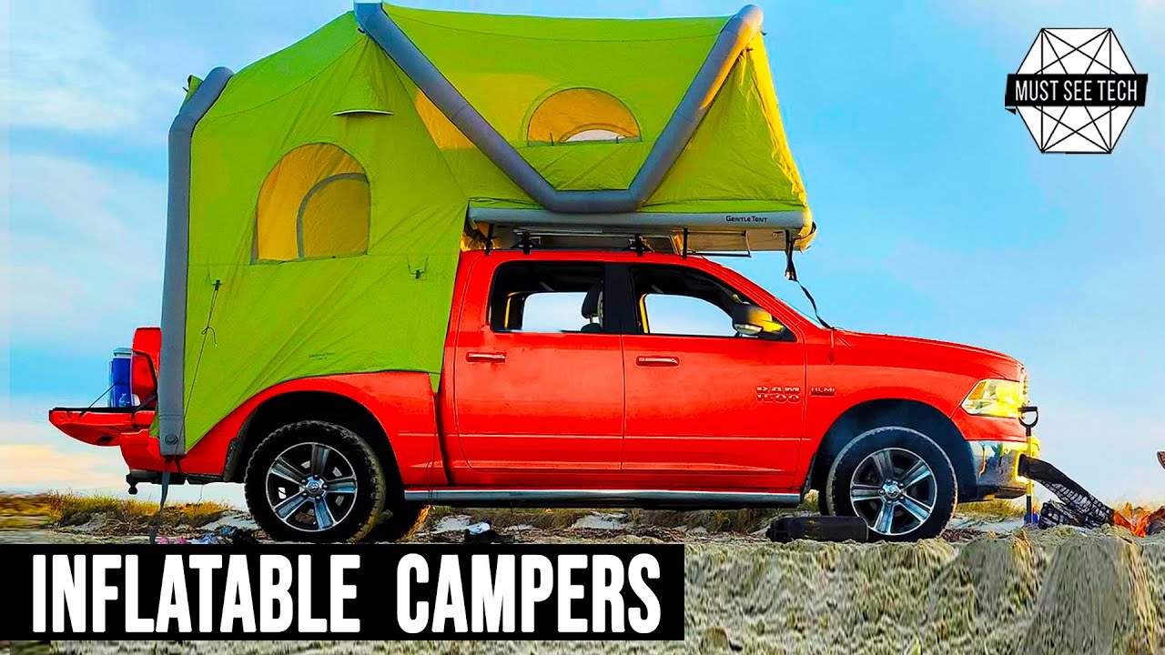 Explosively vibrant inflatable roof tent makes small car a mini-camper