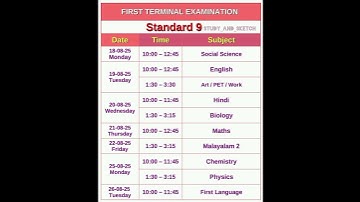 STD-9 FIRST TERM EXAM TIME TABLE ☄️☄️☄️ #firstterm #onampareeksha #exam #school #std9 #class9 #maths