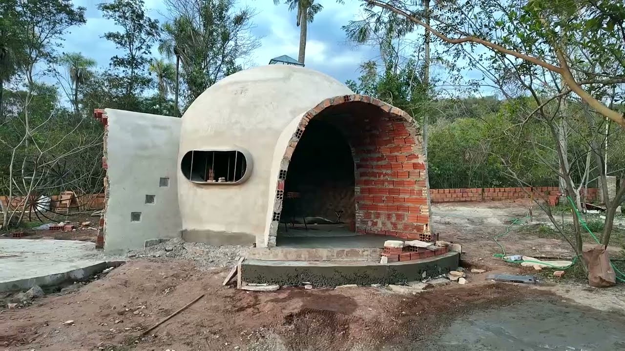 016 Building a Dome House, entryway floor done, and second dome begins! and skylight goes up!
