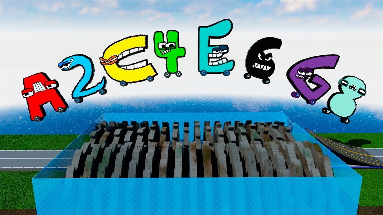 Alphabet Lore Cars vs Number Lore Cars Jump Over Shredder in Teardown