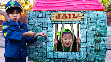 Emma Pretend Play as Cop LOCKED UP Jannie in Jail Playhouse Toy for Kids