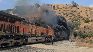 CN SD70M-2 Emerges From Smoke Plume of BNSF Intermodel at Cliff