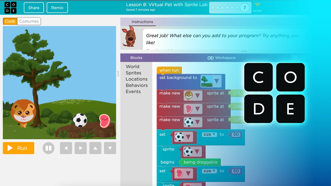 Code.org Express Course Lesson 8 Virtual Pet with Sprite Lab How