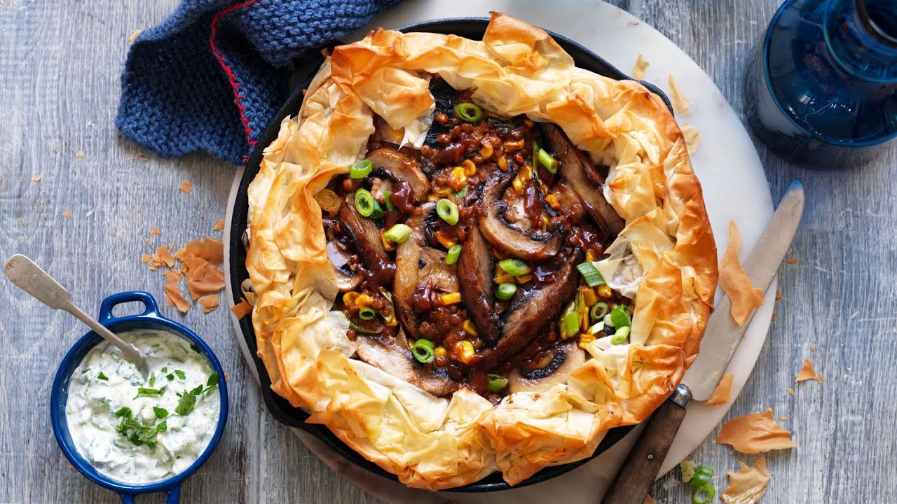 Mushroom and Lentil Curry Open Filo Pie