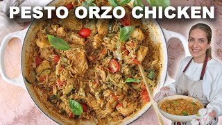 One Pot Pesto Chicken and Orzo Recipe in under 30 minutes!