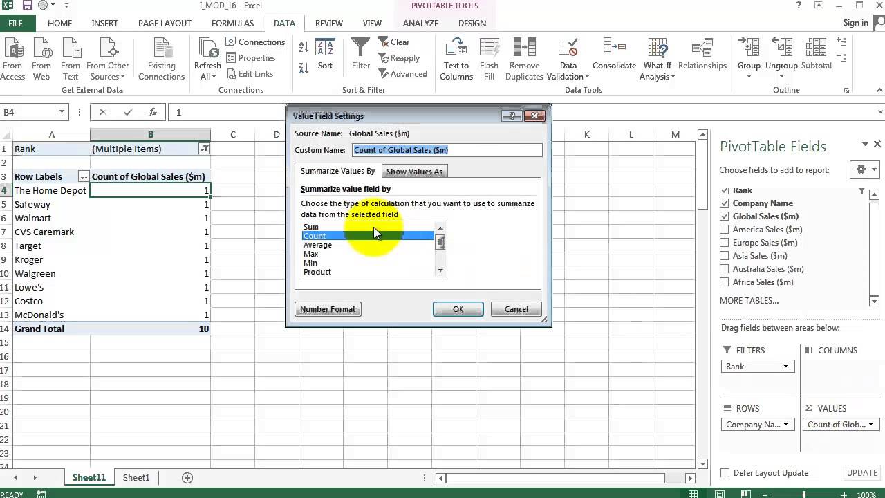  Excel 2013 Pivot Table Basic YouTube