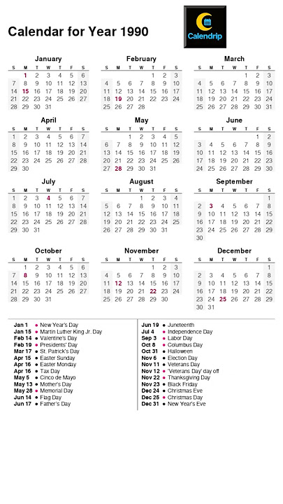 Calendar 1990 #monthsoftheyear #1990