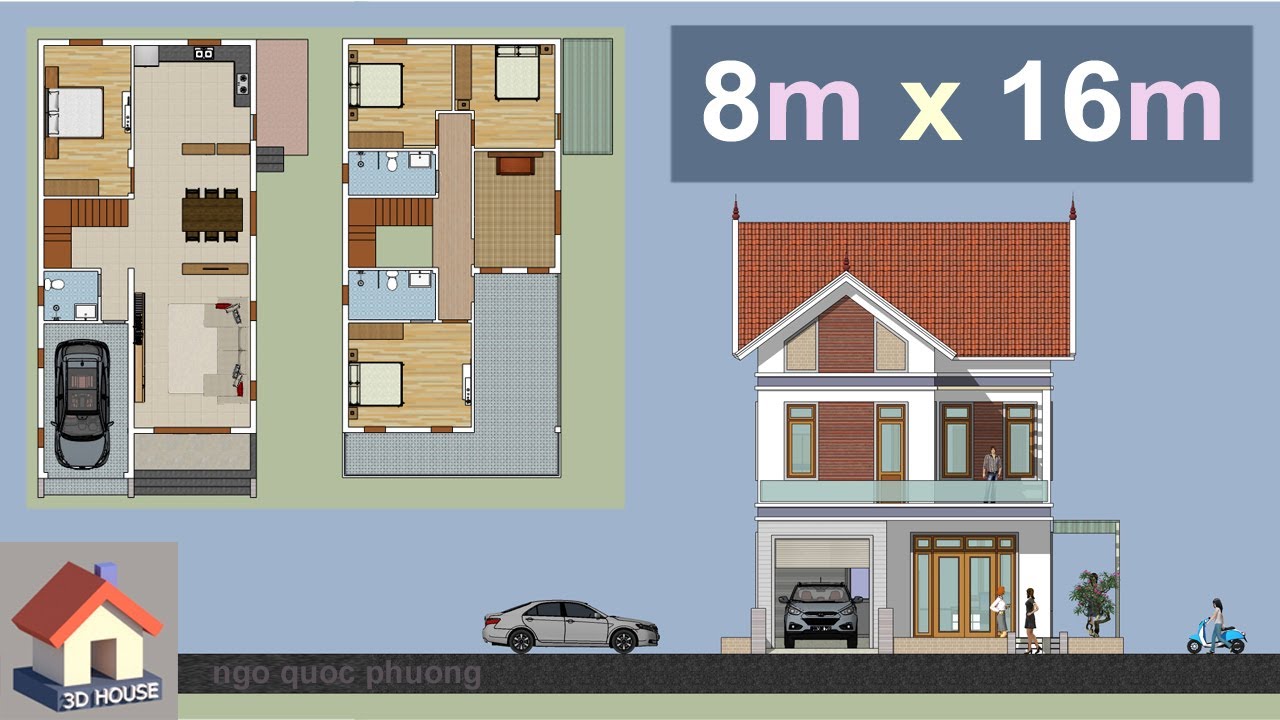 Mẫu nhà 2 tầng chữ L đẹp, 8x16m, 4 phòng ngủ, đầy đủ... - youtube