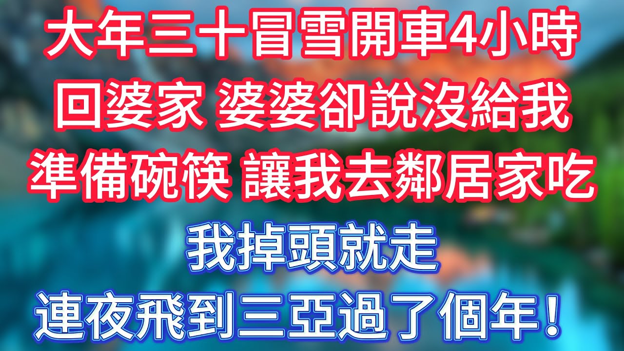 大年三十冒雪開車4小時回婆家，婆婆卻說沒給我準備碗筷，讓我去鄰居家吃，我掉頭就走，連夜飛到三亞過了個年！ #傾聽故事會 #情感故事 #老人频道 #老年健康 #為人處世 #老年生活