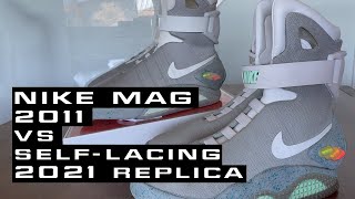 Comparison of the original 2011 Nike Mags and the 2021 Self-Lacing Replicas