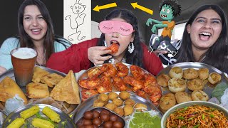 Guess the Blindfold Drawing Food Challenge | Spicy Momos, Golgappa, Samosa, Paneer Pakora, Rashbhari