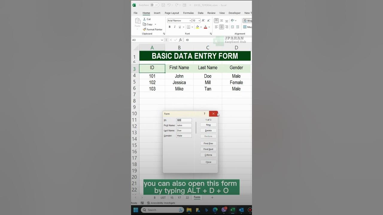 Create this Basic Data Entry Form using Excel Form Feature - YouTube