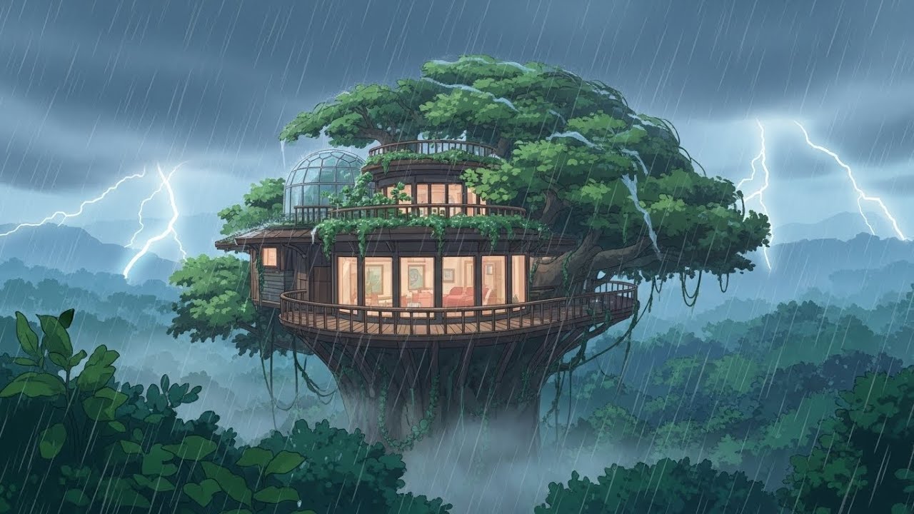 A Rainy Day with Thunder in Our Family Tree House | Ghibli-Style ASMR