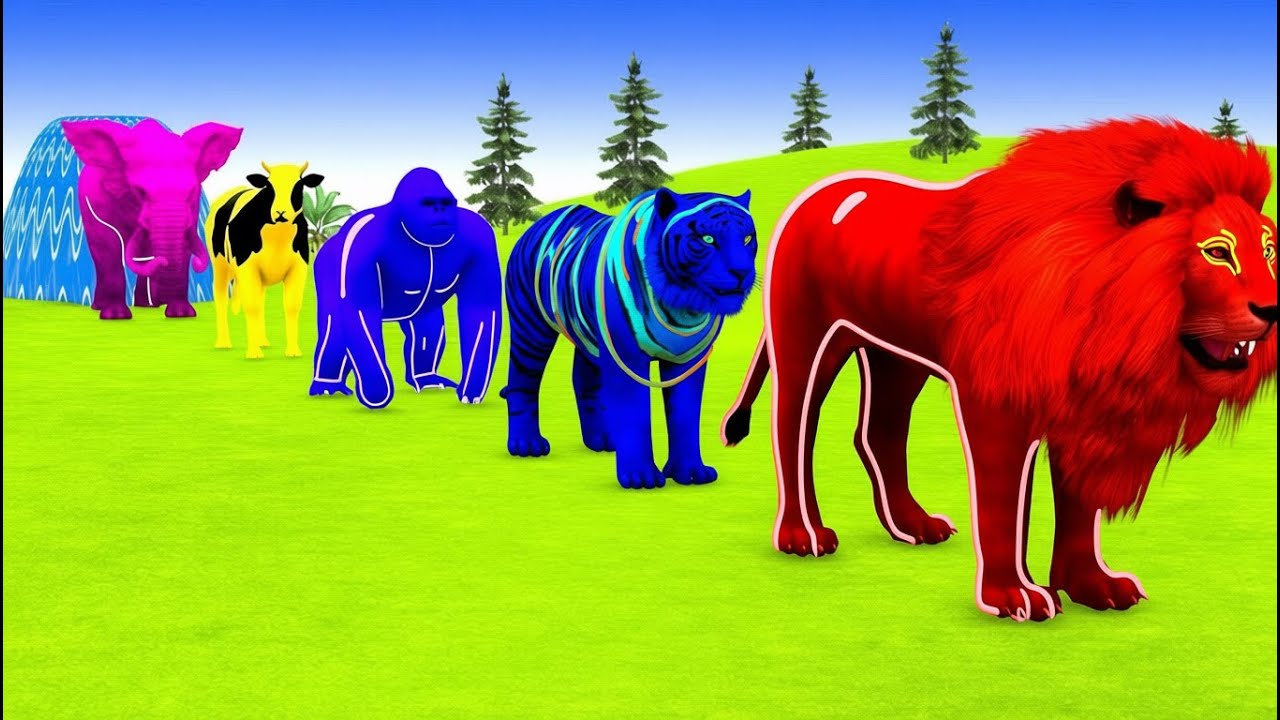 Long Slide Game With 5 Giant Duck Cat Gorilla Monkey Dinosaur Tiger Game Funny 3d Animals