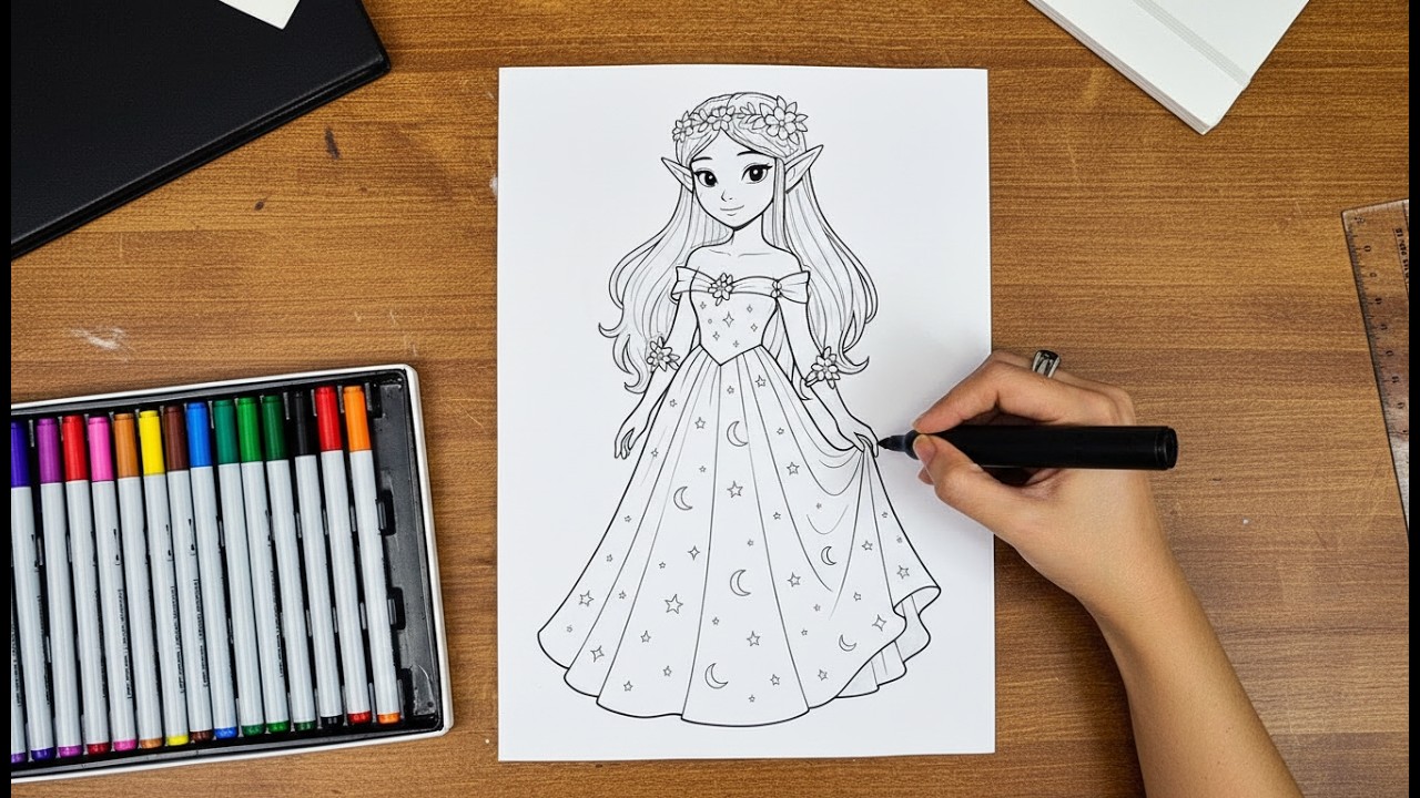 Elf Princess Coloring & Sparkling Glitter Dress Art