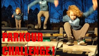 Backyard PARKOUR Challenge - Rail to Bench, and you've got to stick it! 8year-old won't give up!