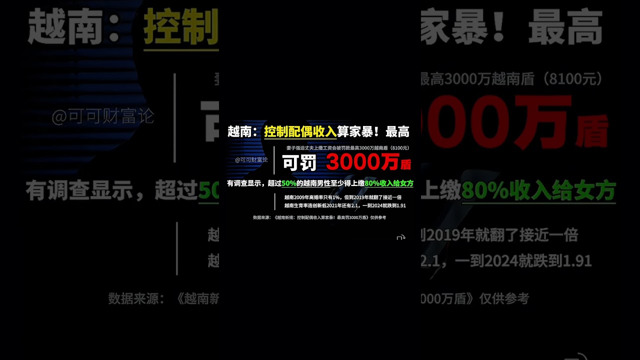 越南严禁强迫老公上缴工资！根据越南政府第282号法令，控制家庭成员财产或收入，使其在经济、精神或其他方面形成依赖状态属于违法行为。违法者最高会被处以 3,000万越南盾重罚，相当于8,100块人民币。 - YouTube