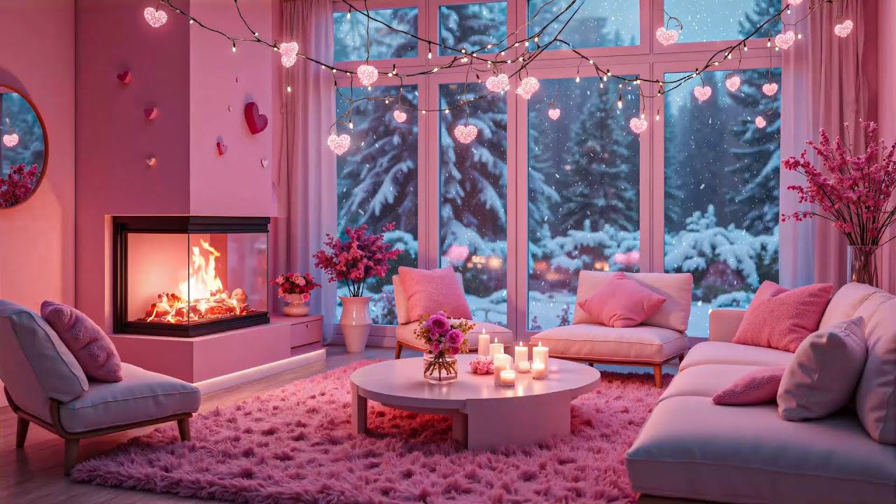 Romantic Valentine Pink Ambience 💖 Cozy Fireplace, Falling Snow & Soft Piano Music for Relax & Sleep