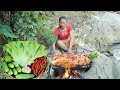 Steak on the rock, Pork grilled with salad - Survival Cooking in jungle