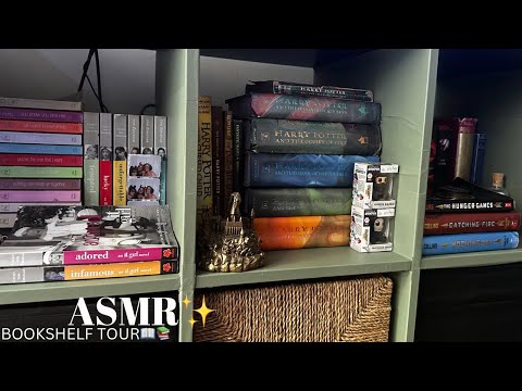 ASMR ~ cozy bookshelf tour✨whispers, page turning and tapping
