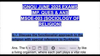 MSOE-003 IGNOU JUNE 2025 EXAM IMP. Functionalist approach to religion with special ref. to Durkheim