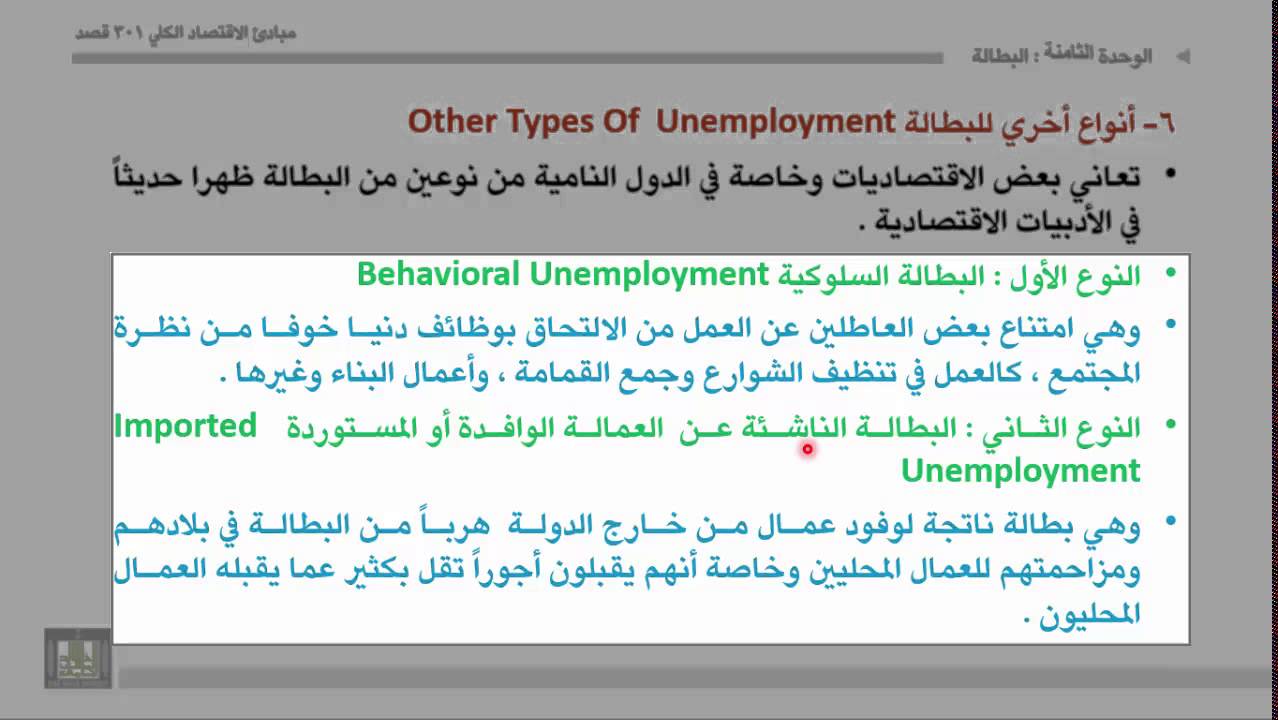 مبادئ الاقتصاد الكلي الوحدة 8 انواع البطالة والعلاقة بين