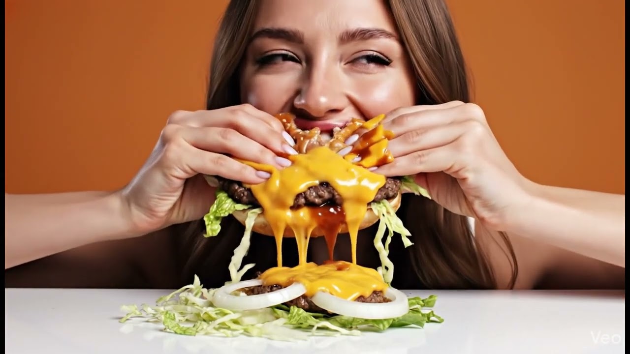 Beautiful Brunette Woman Eats Very Messy Burger