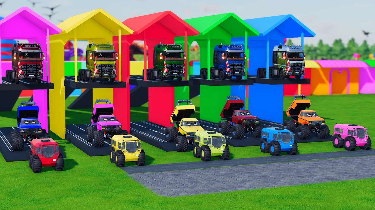 TRANSPORTING BUS, POLICE CARS, DUMP TRUCK, BOX TRUCK, FIRE TRUCK WITH SCANIA TRUCK - FS22