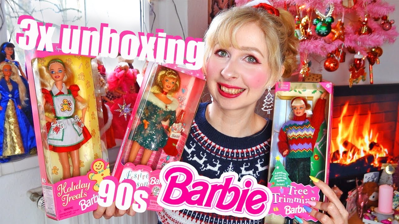 Let's unbox 3 90s Holiday Barbies - doll review Tree Trimming, Festive Season, Holiday Treats Barbie