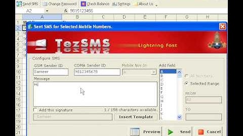 Single SMS using Tezsms.com Excel Plugin