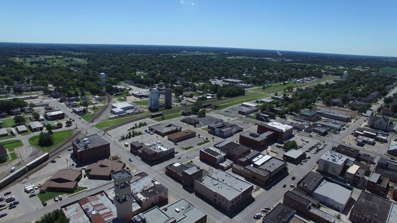 Flying over Downtown Moberly, MO Moberly Towers and the Old Junior