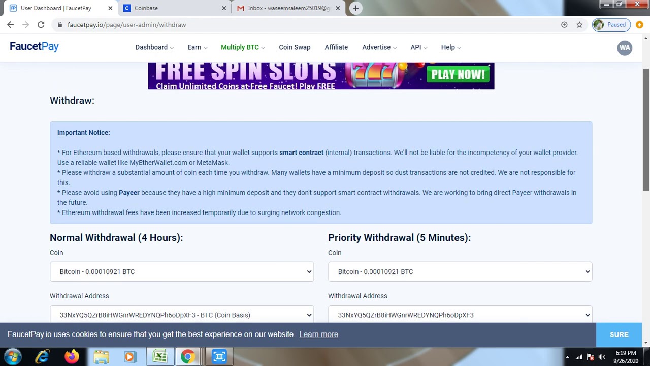How to transfer from Faucet Pay wallet to Coinbase Wallet Acct
