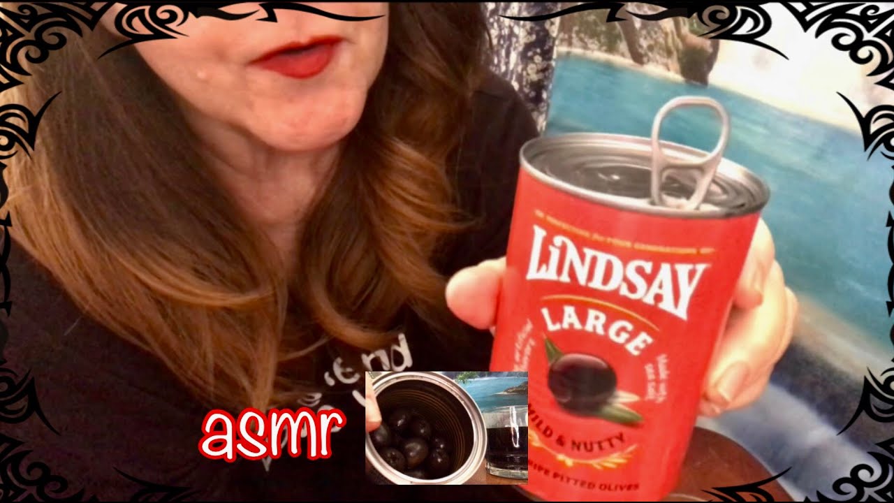 Quiet ASMR relaxation eating Lindsay Large Black Olives video, olives and olive juice