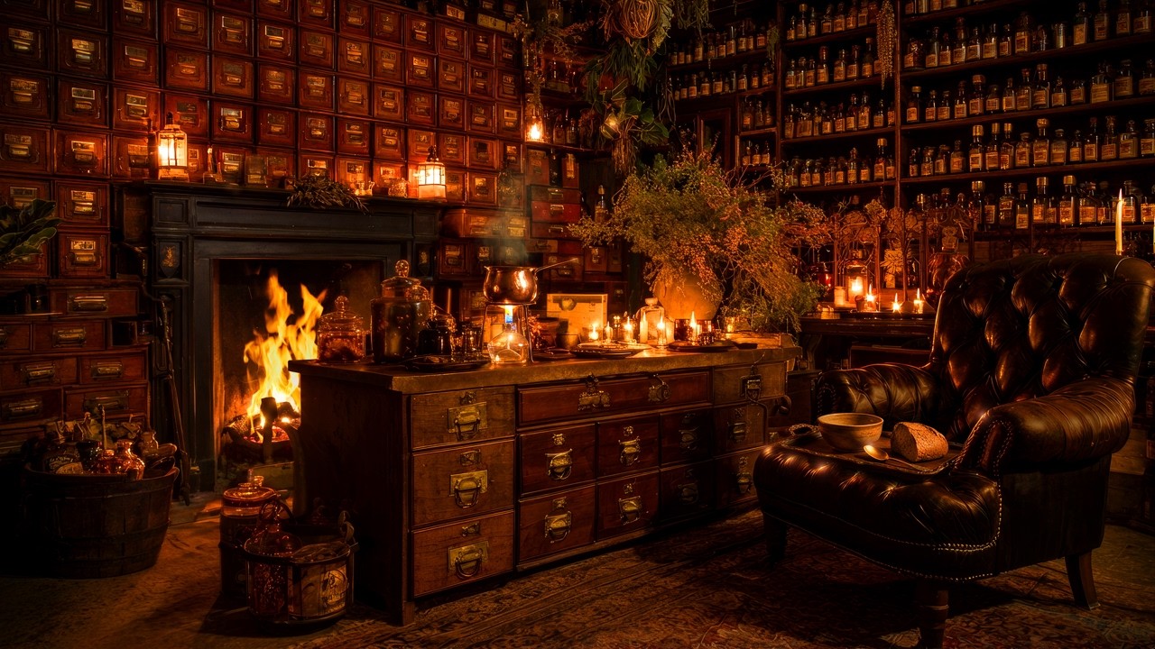 Escape to a 19th Century Apothecary | Warm Fireplace Ambience for Deep Sleep and Focus | 8 Hrs & 4K