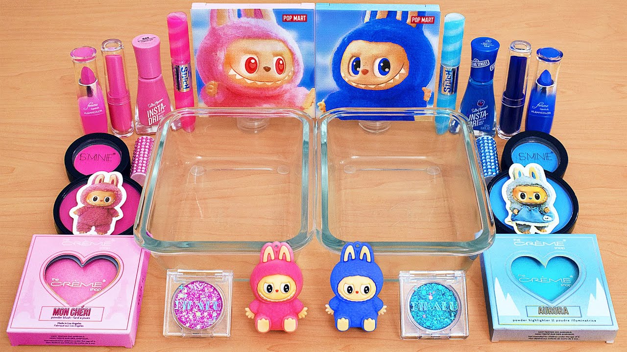 Labubu Pink vs Blue - Mixing Makeup Eyeshadow Into Slime ASMR